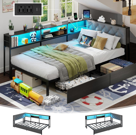 Corner Bed Frame with Storage Bookcase and LED Lights Twin XL Platform Bed Frame with Upholstered Headboard and Charging Station, Twin XL Daybed with 2 Storage Drawers, Rustic Brown & Gray