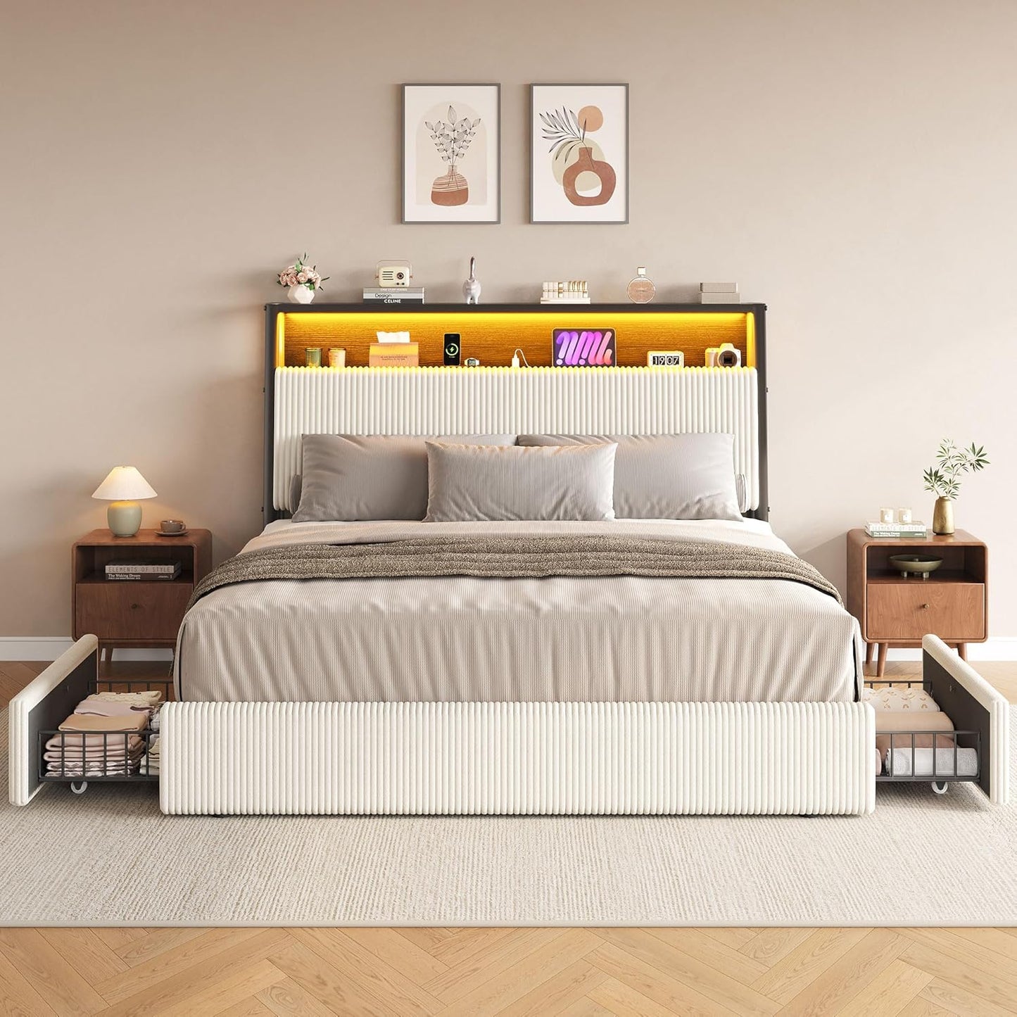 Upholstered Queen LED Bed Frame with 2 Storage Drawers and Charging Station, Corduroy Platform Bed with 3-Tier Storage Bookcase Headboard, Heavy Duty Metal Support, No Box Spring Needed - Beige