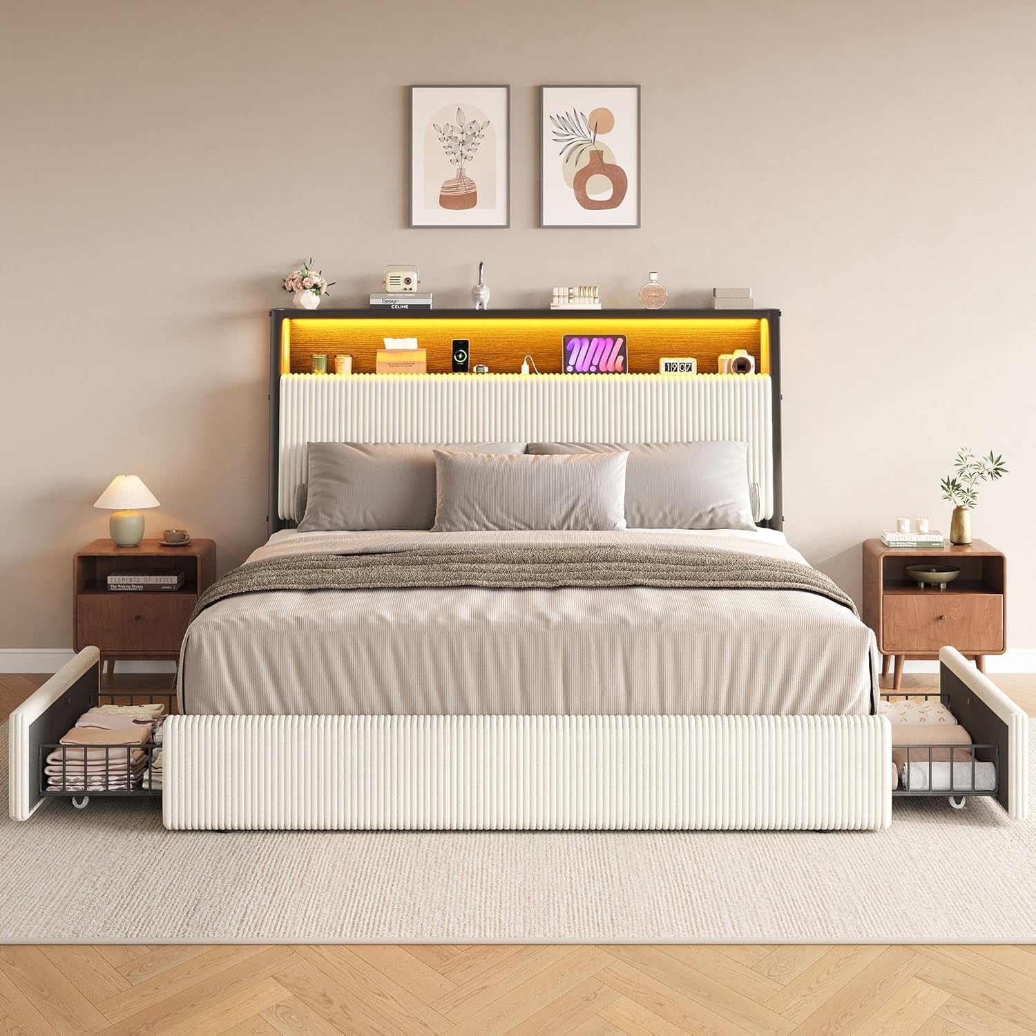 Upholstered Queen LED Bed Frame with 2 Storage Drawers and Charging Station, Corduroy Platform Bed with 3-Tier Storage Bookcase Headboard, Heavy Duty Metal Support, No Box Spring Needed - Beige