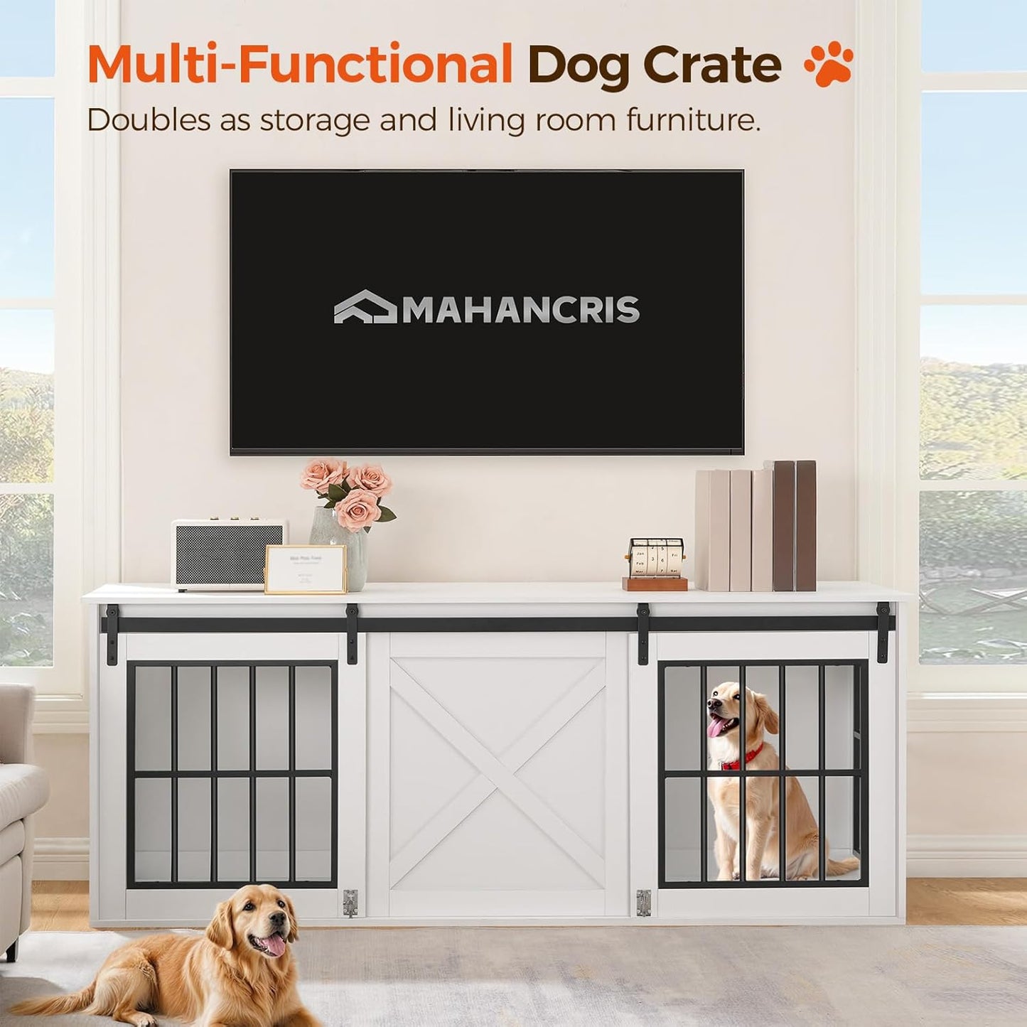 Dog Crate Furniture for 2 Dogs, 63" Heavy Duty Dog Kennel with Sliding Barn Door, Wooden Double Dog Crate with Divider for Small Medium Dogs, Indoor Dog Cage TV Stand, White DCHW16001N1