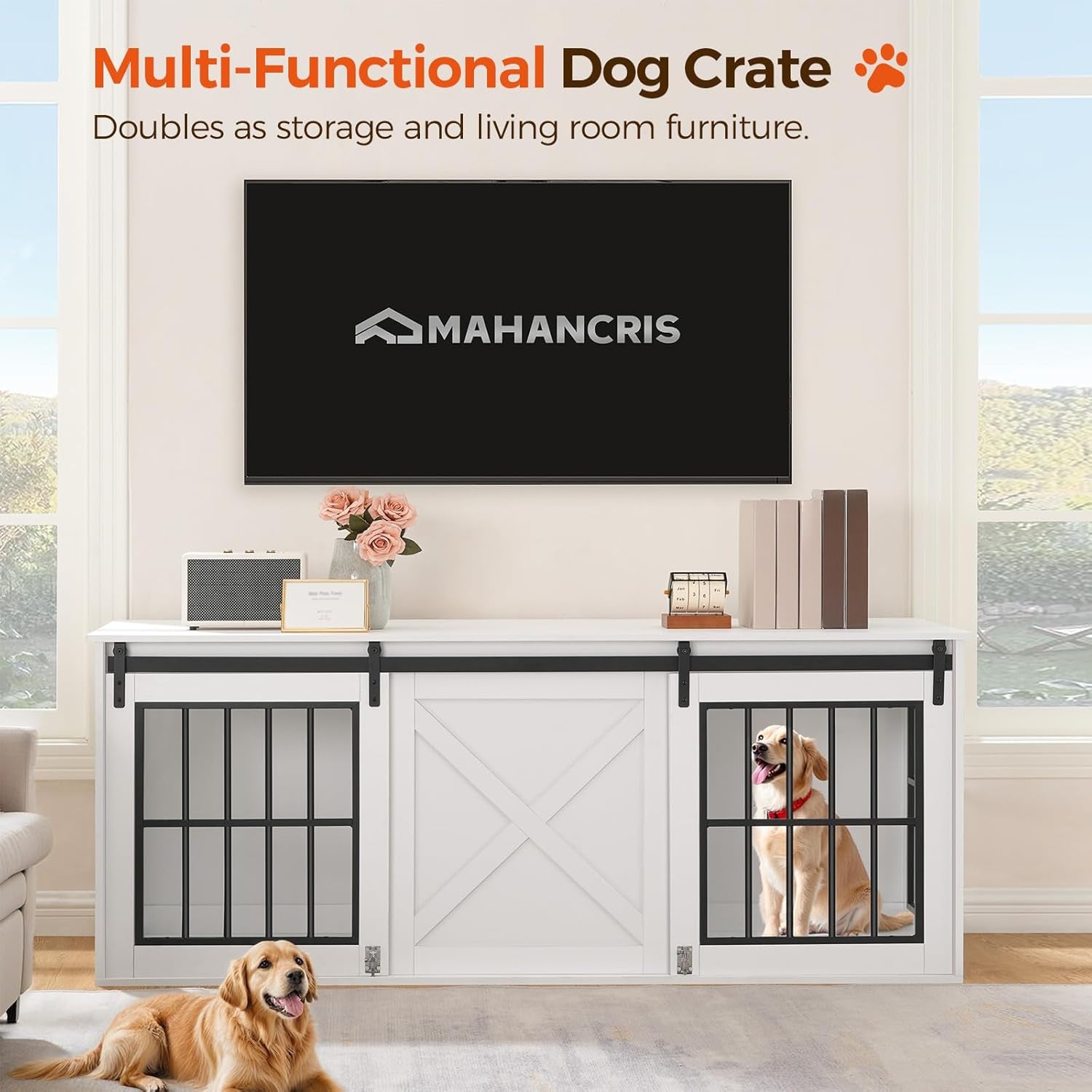 Dog Crate Furniture for 2 Dogs, 63" Heavy Duty Dog Kennel with Sliding Barn Door, Wooden Double Dog Crate with Divider for Small Medium Dogs, Indoor Dog Cage TV Stand, White DCHW16001N1