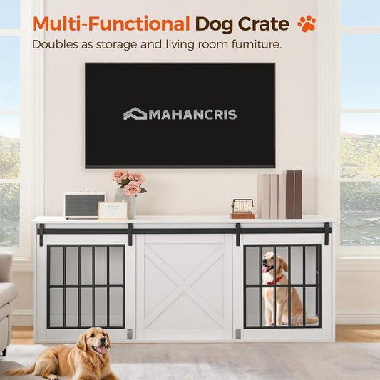 Dog Crate Furniture for 2 Dogs, 63" Heavy Duty Dog Kennel with Sliding Barn Door, Wooden Double Dog Crate with Divider for Small Medium Dogs, Indoor Dog Cage TV Stand, White DCHW16001N1