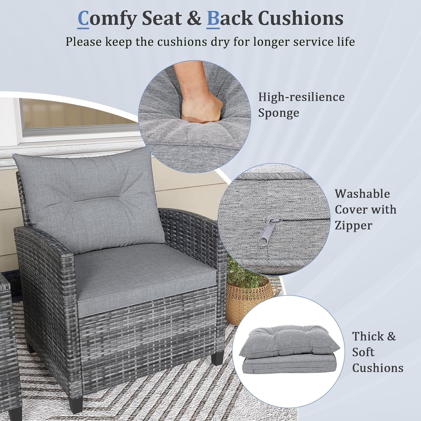 3 Piece Patio Furniture Set, Outdoor PE Rattan Conversation Set with Washable Cushions & Tempered Glass Tabletop, Wicker Chairs and Table Set for Porch, Garden, Balcony (Grey)