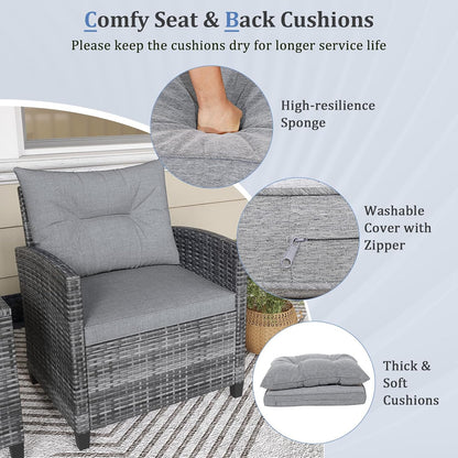 3 Piece Patio Furniture Set, Outdoor PE Rattan Conversation Set with Washable Cushions & Tempered Glass Tabletop, Wicker Chairs and Table Set for Porch, Garden, Balcony (Grey)