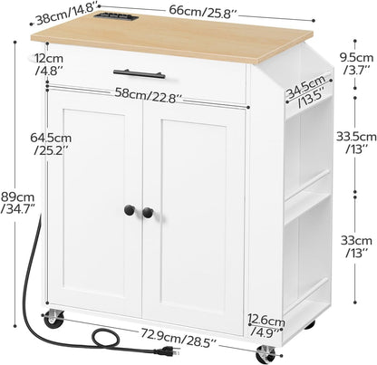 Kitchen Island with Power Outlet, Kitchen Storage Island with Spice Rack and Drawer, Rolling Kitchen on Wheels, for Home, Dining Room, Natural and White