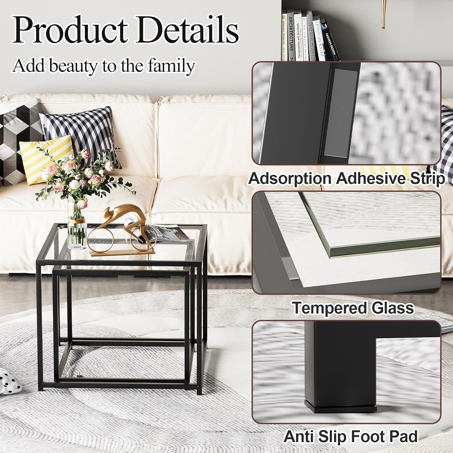 Coffee Table Set of 2, Modern Glass Nesting Table, Metal Frame Square Center Table Set, Side Tables, Nesting Coffee Table for Living Room, Bedroom and Small Spaces, 23.6In Black