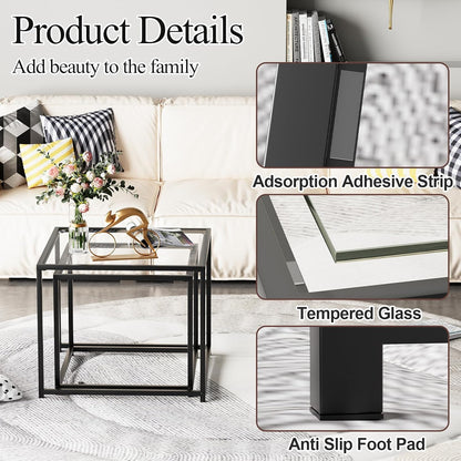 Coffee Table Set of 2, Modern Glass Nesting Table, Metal Frame Square Center Table Set, Side Tables, Nesting Coffee Table for Living Room, Bedroom and Small Spaces, 23.6In Black