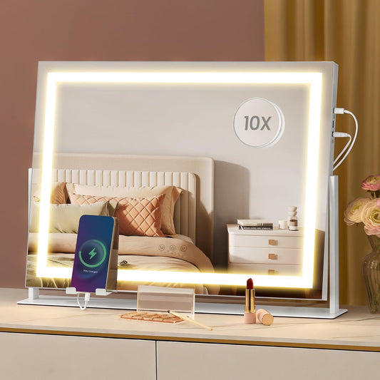 Vanity Makeup Mirror with Lights, Touch Control, Angle-Adjustable, Charging Ports, Detachable 10X Magnifying Mirror, 3 Color Temperatures, Dimmable, Phone Holder, Matte White ULWM002W01V1
