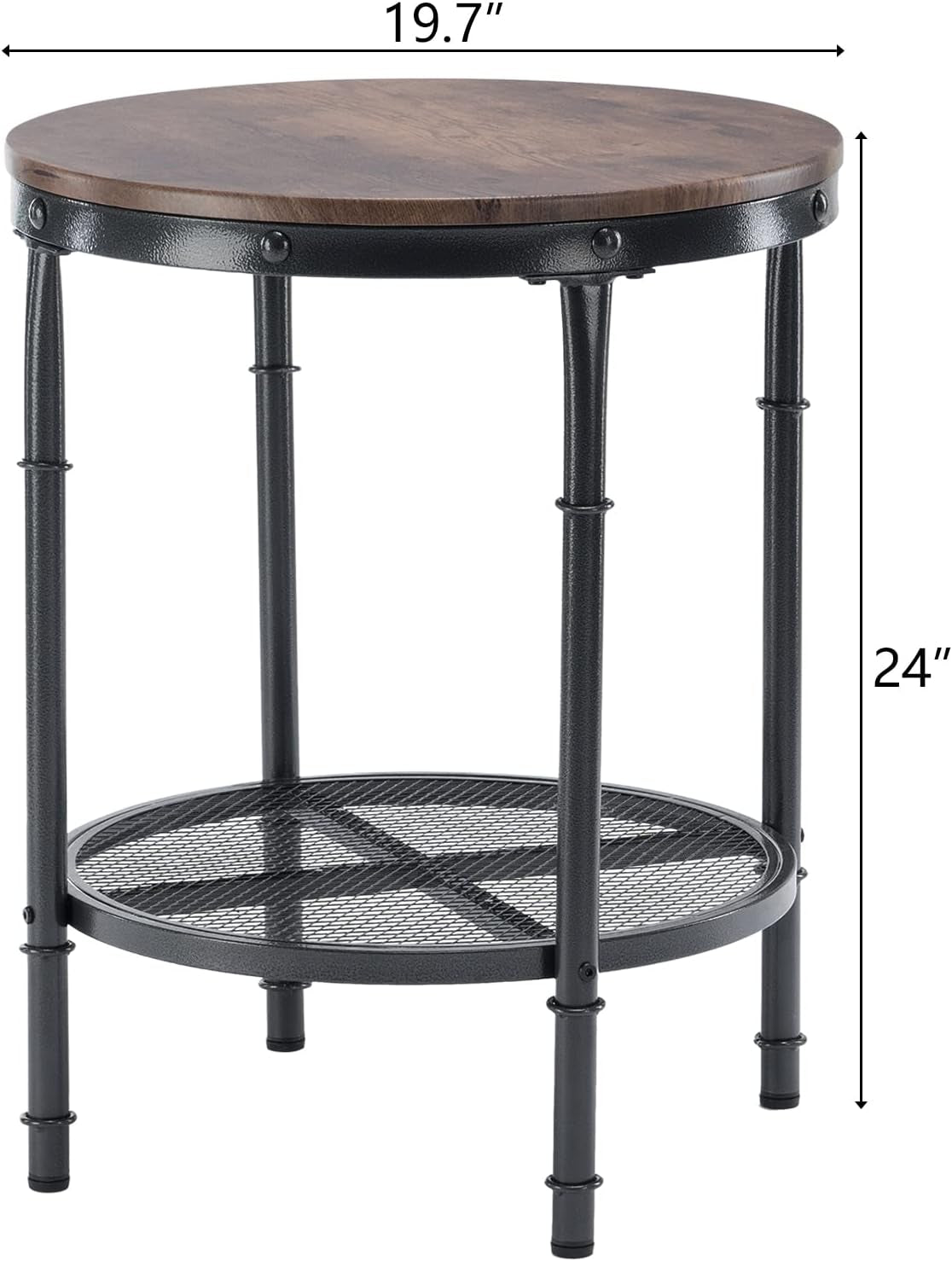 20" Side Table, round End Tables Living Room, Industrial Small End Table with Metal Mesh, Rustic Farmhouse Side Tables for Bedroom, Office, Corner, Walnut