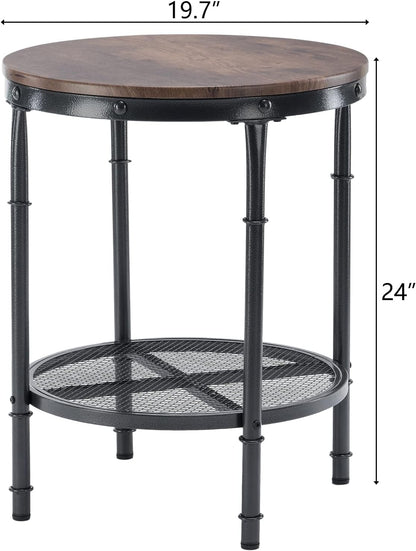 20" Side Table, round End Tables Living Room, Industrial Small End Table with Metal Mesh, Rustic Farmhouse Side Tables for Bedroom, Office, Corner, Walnut