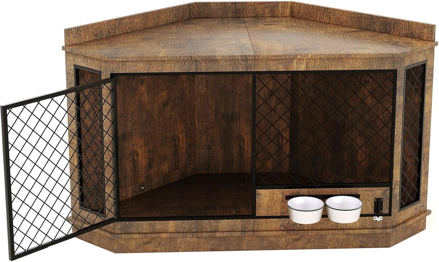 51.3" Corner Dog Crate Furniture with 360° Rotating Feeder, Decorative Dog Crates Dog Cage TV Stand Wooden Dog Kennel End Table for Small Medium Big Dog