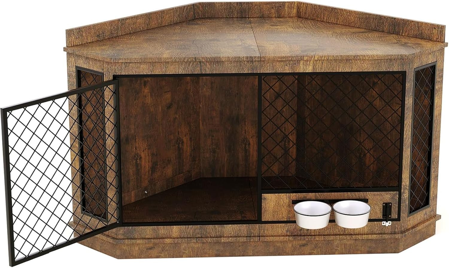 51.3" Corner Dog Crate Furniture with 360° Rotating Feeder, Decorative Dog Crates Dog Cage TV Stand Wooden Dog Kennel End Table for Small Medium Big Dog