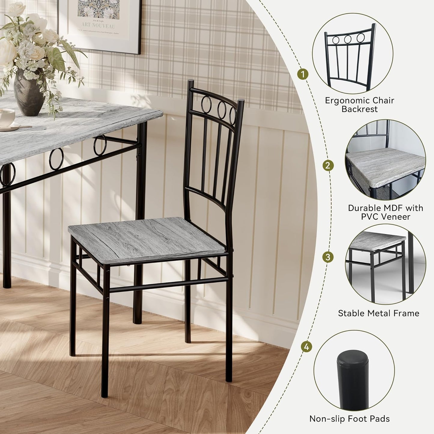 5 Piece Dining Table Set, Wood Kitchen Table and Chairs for Small Space,Breakfast Nook,Easy Assembly,Grey