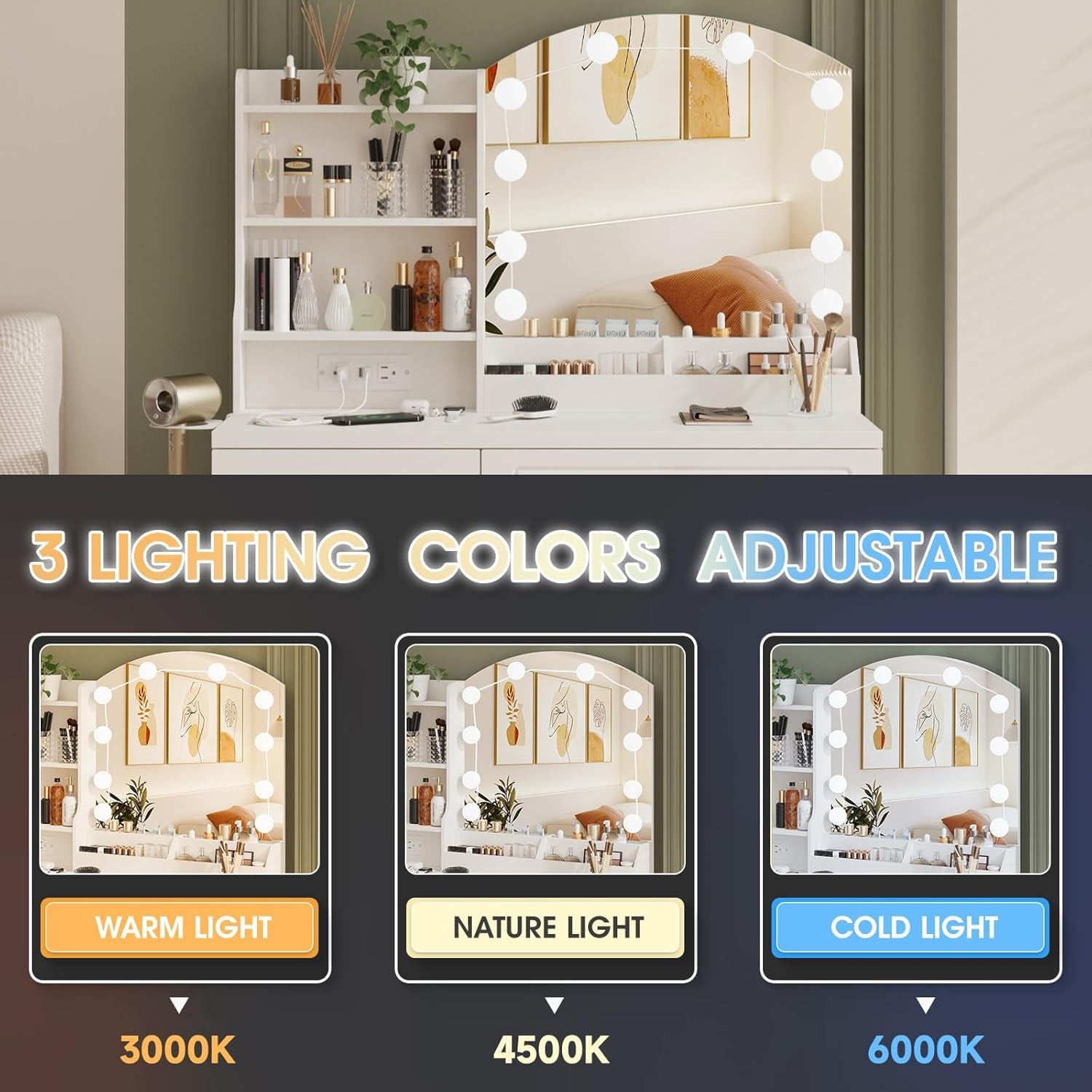 Makeup Vanity Desk with Lights and Charging Station, White Vanity Set Makeup Table with 4 Drawers Lots Storage, 3 Lighting Colors, Large Size 39.4In(W)