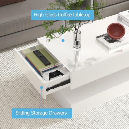 47.3In Large High Glossy LED Coffee Table with 2 Storage Drawers,Black/White Modern Coffee Tables for Living Room,Living Room Tables,App LED Lights (White)