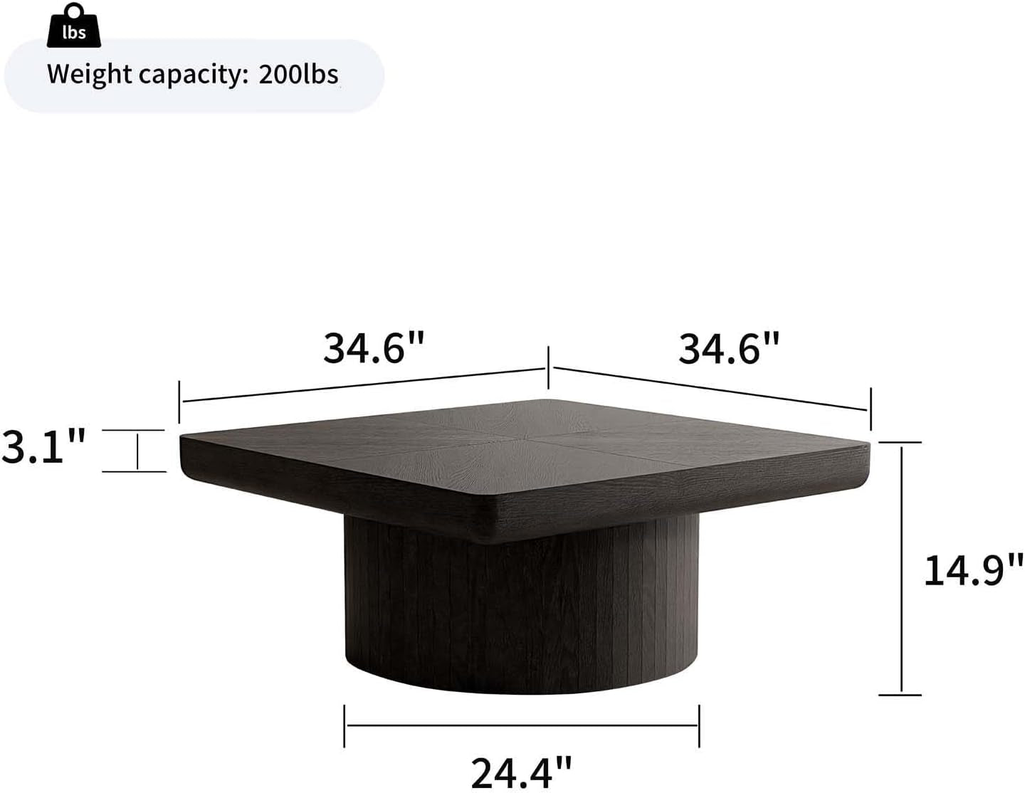 Modern Square Coffee Table with Cylindrical Base, Wood Coffee Table with Parquet Pattern & Thickened Tabletop, Center Table Tea Table for Living Room Apartment, 34.6''L×34.6''W×14.9''H, Black