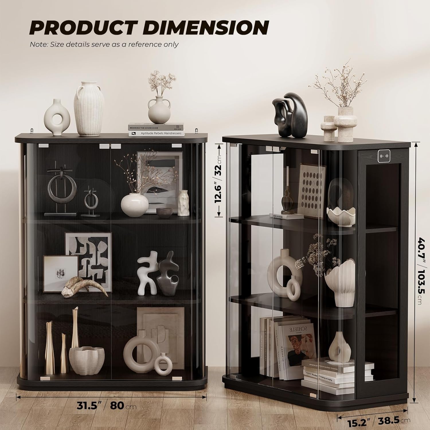 Rounded Display Cabinet with Glass Door, 3-Tier Curio Cabinet with 3 Color Lights for Collectibles, Glass Display Case with Transparent Full-Display Surface, Human Body Sensor, Black