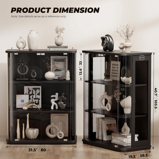 Rounded Display Cabinet with Glass Door, 3-Tier Curio Cabinet with 3 Color Lights for Collectibles, Glass Display Case with Transparent Full-Display Surface, Human Body Sensor, Black