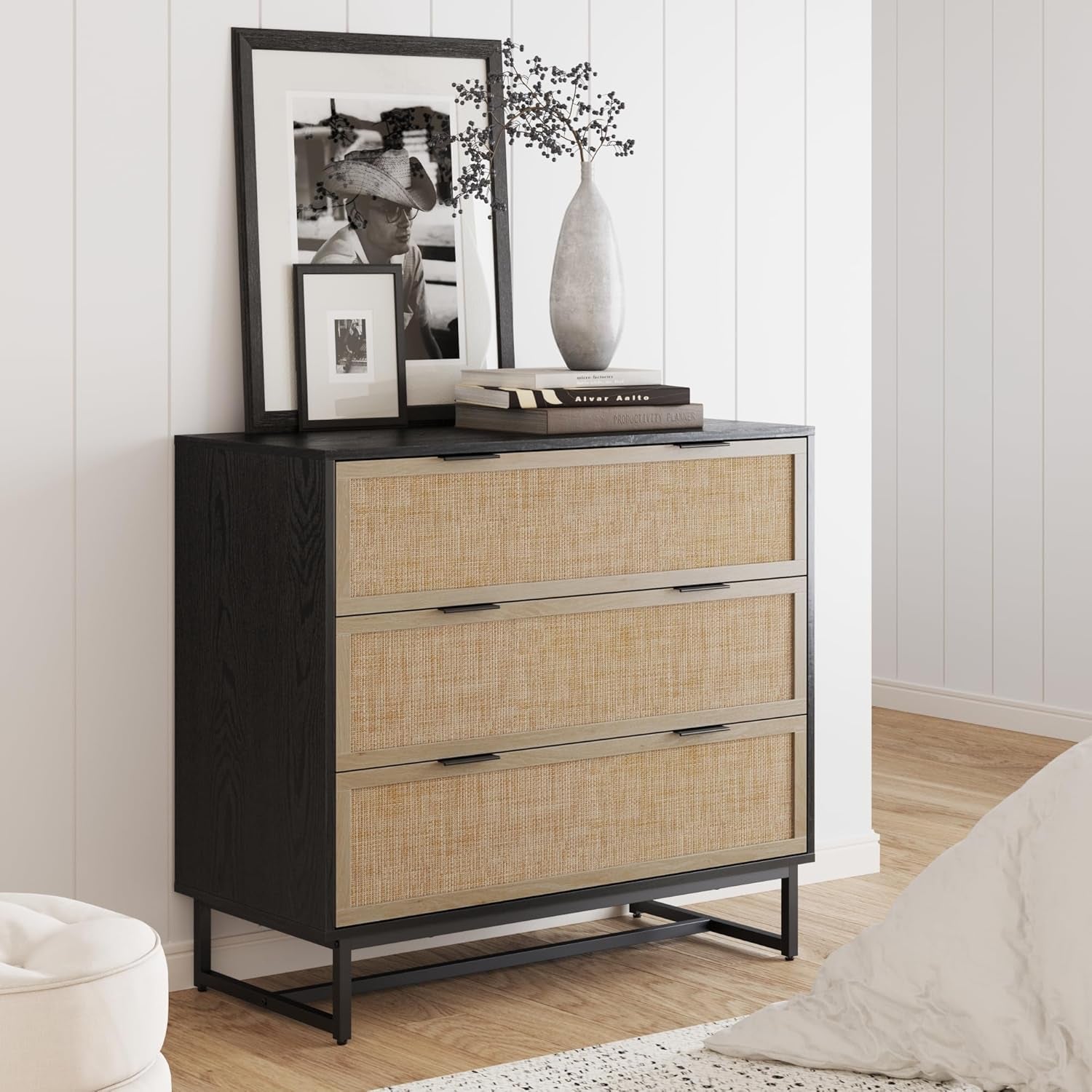 Kova Boho Dresser or Storage Cabinet with Drawers for Bedroom or Nursery with Textilene Rattan Accent and Metal Legs, Black Oak