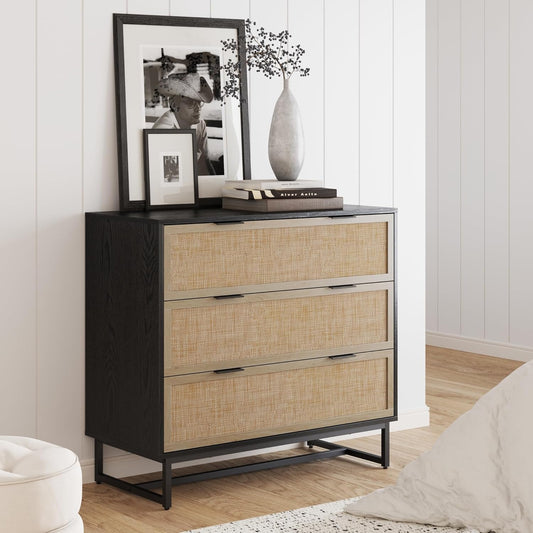 Kova Boho Dresser or Storage Cabinet with Drawers for Bedroom or Nursery with Textilene Rattan Accent and Metal Legs, Black Oak