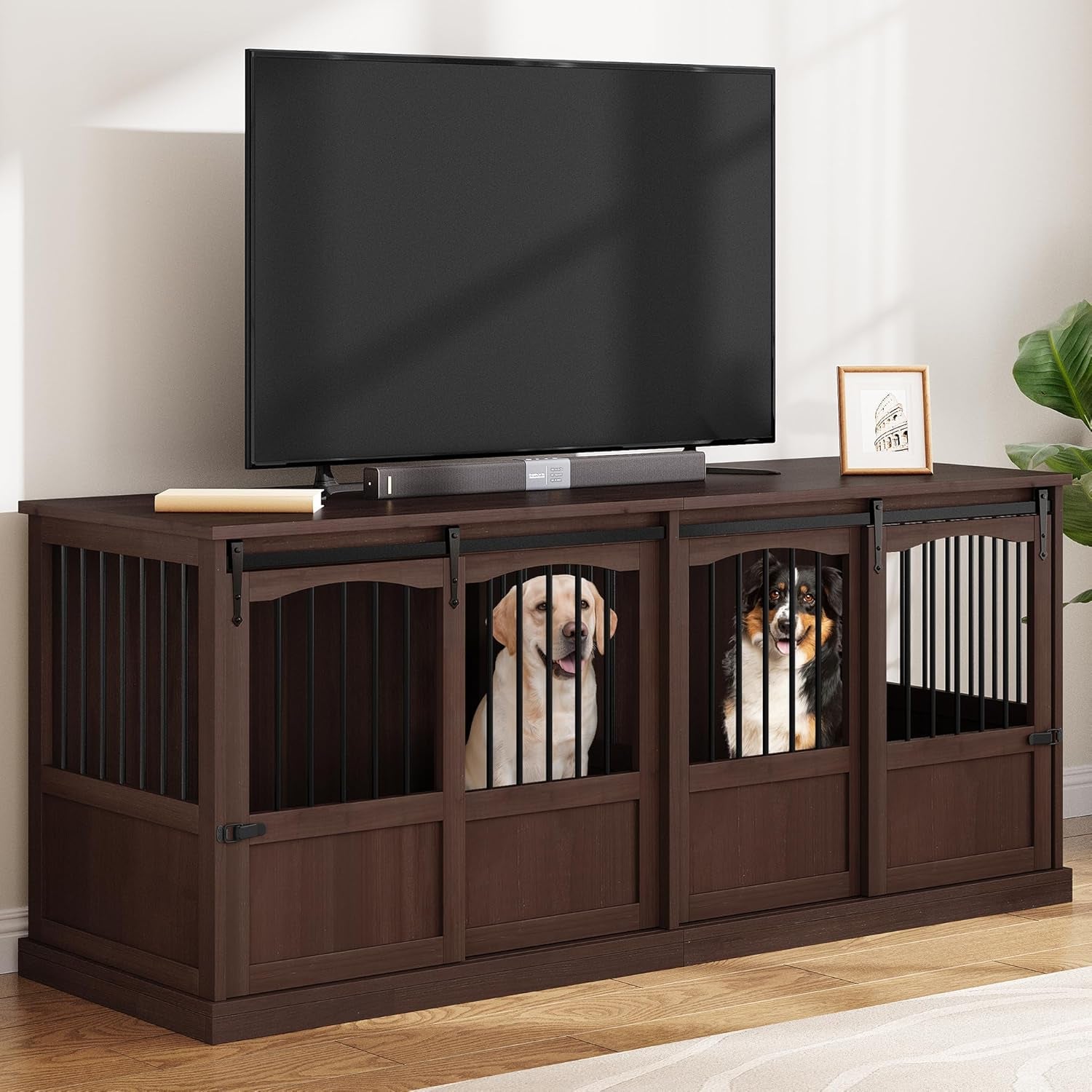70.86" Double Dog Crate Furniture for 2 Medium Large Dogs Wooden Heavy Duty Dog Kennel Furniture with 2 Sliding Doors and Divider Decorative Dog Cage TV Stand End Table for Indoor Brown