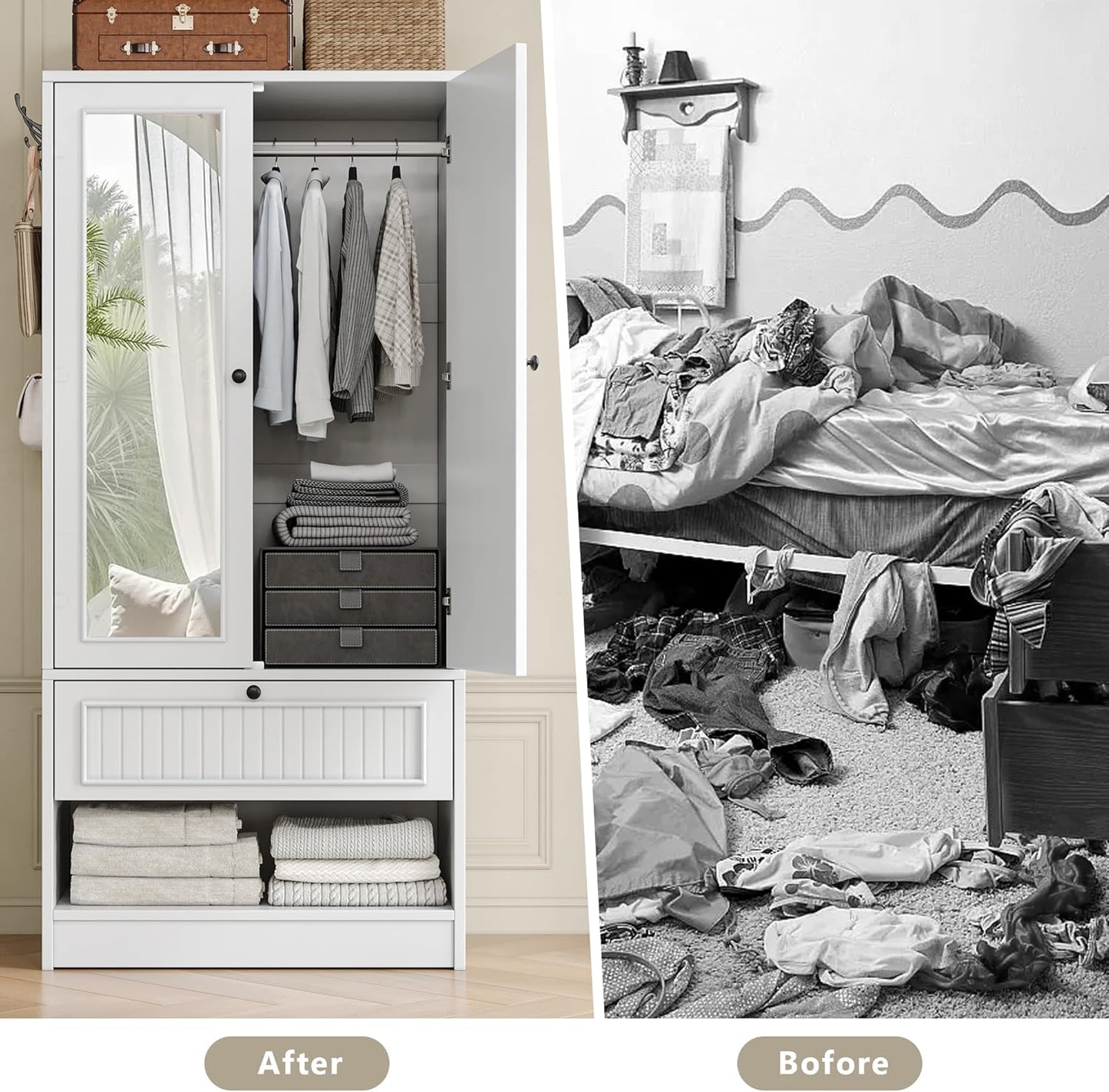70" Armoire Wardrobe Closet with Doors & Mirror,Wooden Wardrobe with Drawers and 3 Side Hooks,Large Freestanding Bedroom Storage Wardrobe Cabinet,White