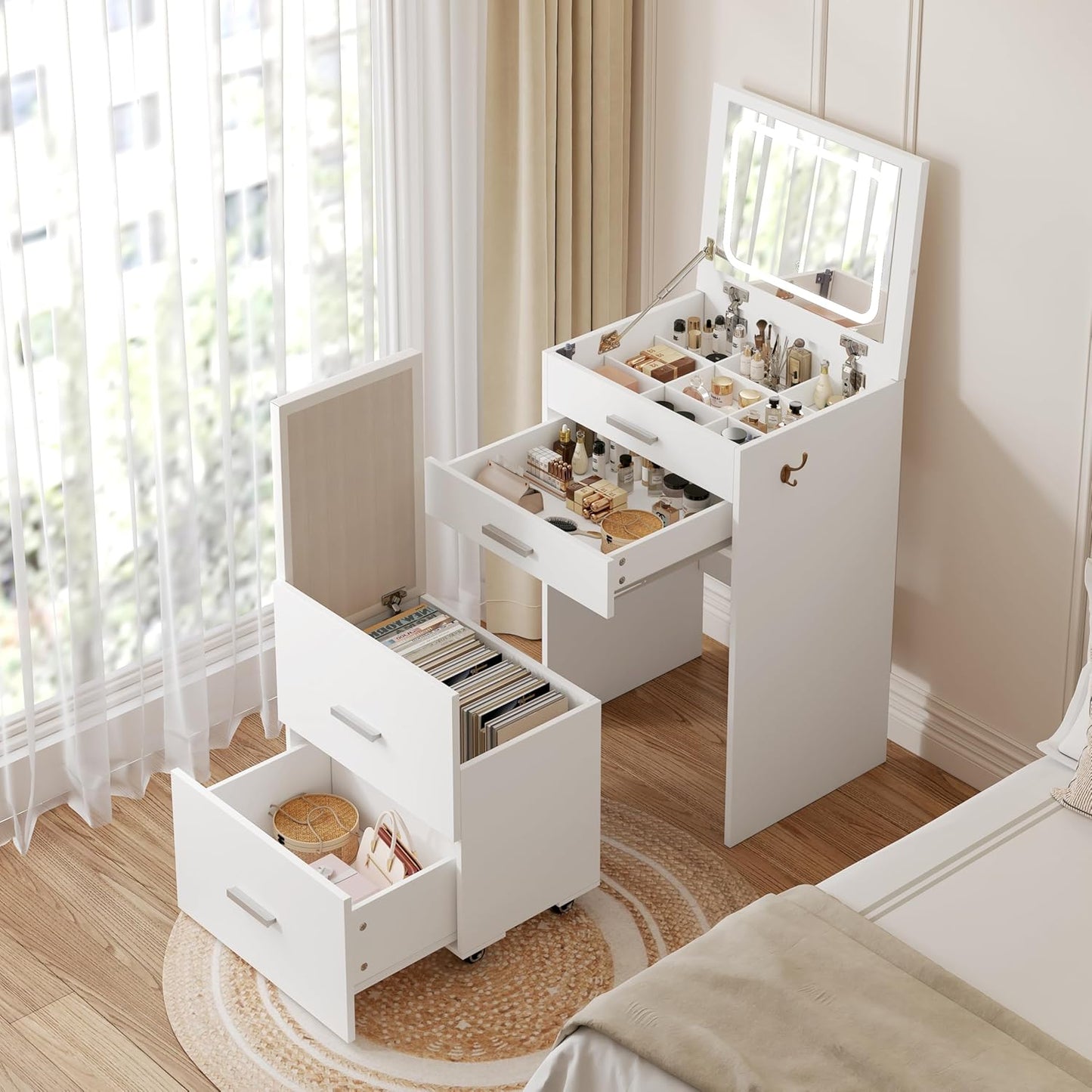 Compact Vanity with 3 Drawers, 3 in 1 Vanity Desk, Makeup Desk with Flip-Up 3 Colors Lighting Mirror and Cushioned Stool, Small Vanities Nightstand Perfect for Bedroom, White