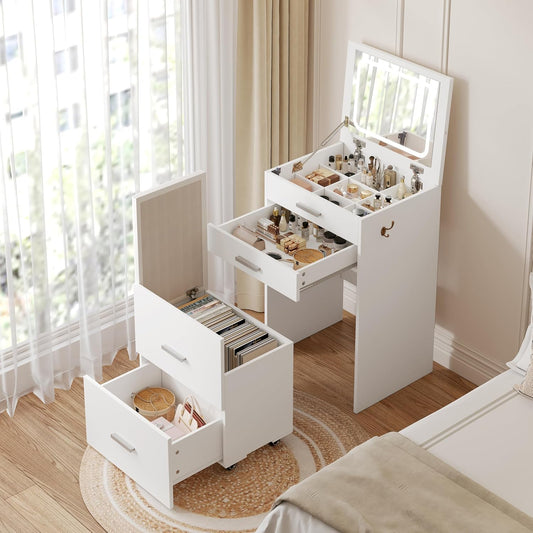 Compact Vanity with 3 Drawers, 3 in 1 Vanity Desk, Makeup Desk with Flip-Up 3 Colors Lighting Mirror and Cushioned Stool, Small Vanities Nightstand Perfect for Bedroom, White