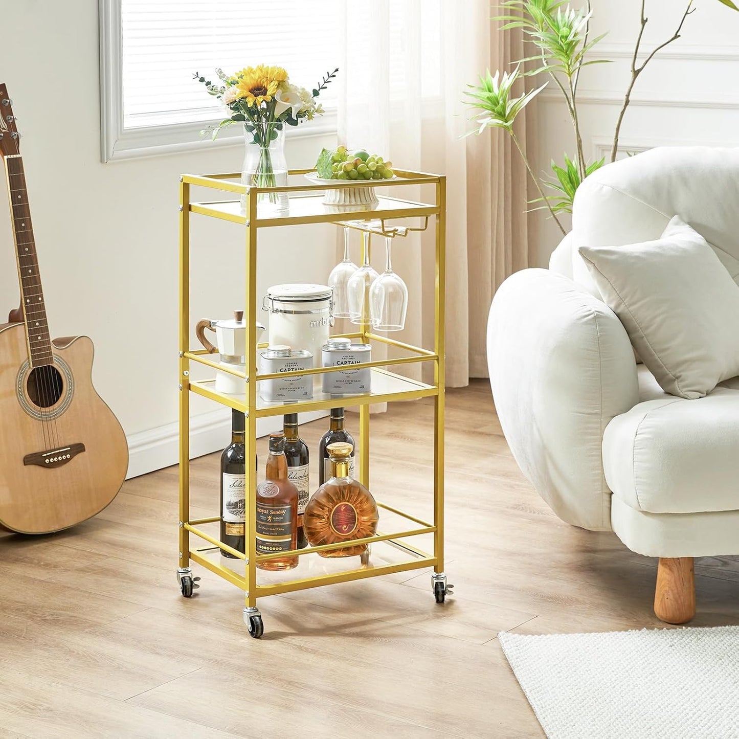 Home Bar Serving Cart,Small Bar Cart with 3-Tier Glass Shelf, Mobile Drink Shelf with Wine Holders and Glass Holders,Mini Bar for Outdoor, Small Space, Kitchen Gold TMJ519G
