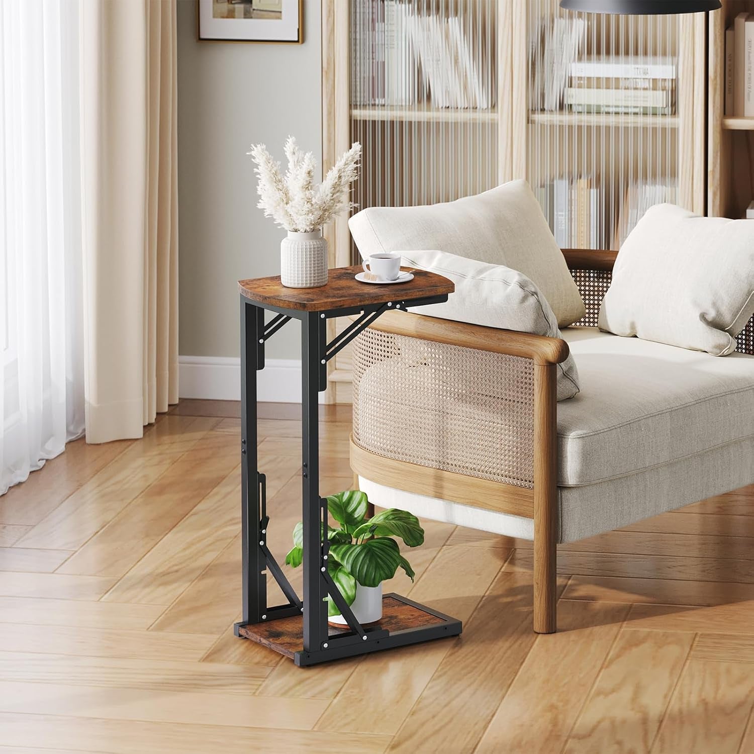 Folding C-Shaped End Table, Side Table for Couch, TV Tray Table for Small Spaces, Small Couch Side Table That Slide under Sofa Bed, Living Room, Bedroom, Bedside, Black ETBK4101