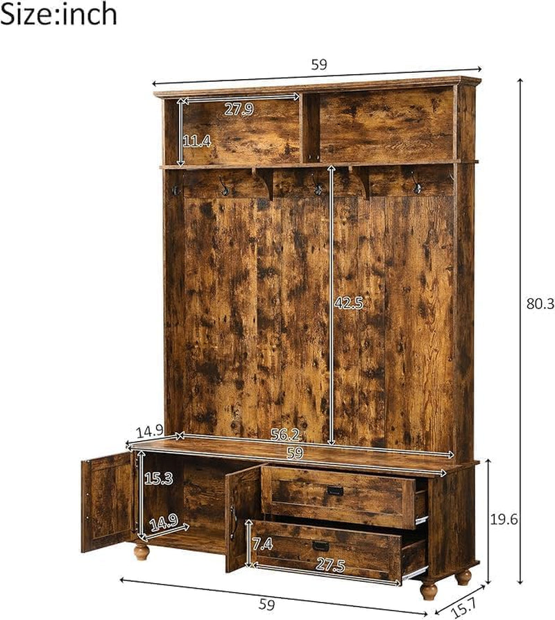 Modern Hall Tree with Storage Bench, Entryway Coat Rack with 5 Hooks & 2 Large Drawers, Rustic Brown Shoe Cabinet for Mudroom, Living Room, Bedroom, Sturdy Wooden Organizer for Jackets, Shoes, Hats