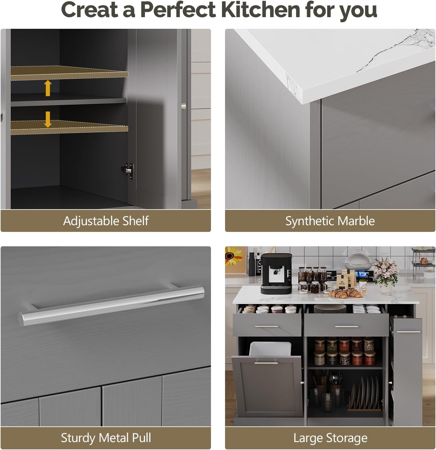 Kitchen Island on Wheels with Trash Can Storage, Rolling Kitchen Island Cart with Marble Countertop, Portable Island Table for Kitchen, Gray
