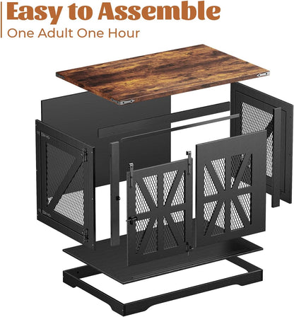 40" Farmhouse Dog Crate Furniture, Heavy Duty Dog Cage for Medium Large Dogs, Wood Dog Crate Dog Kennel Indoor with Double Doors, Chew Resistant End Table for Bedroom Living Room, Black