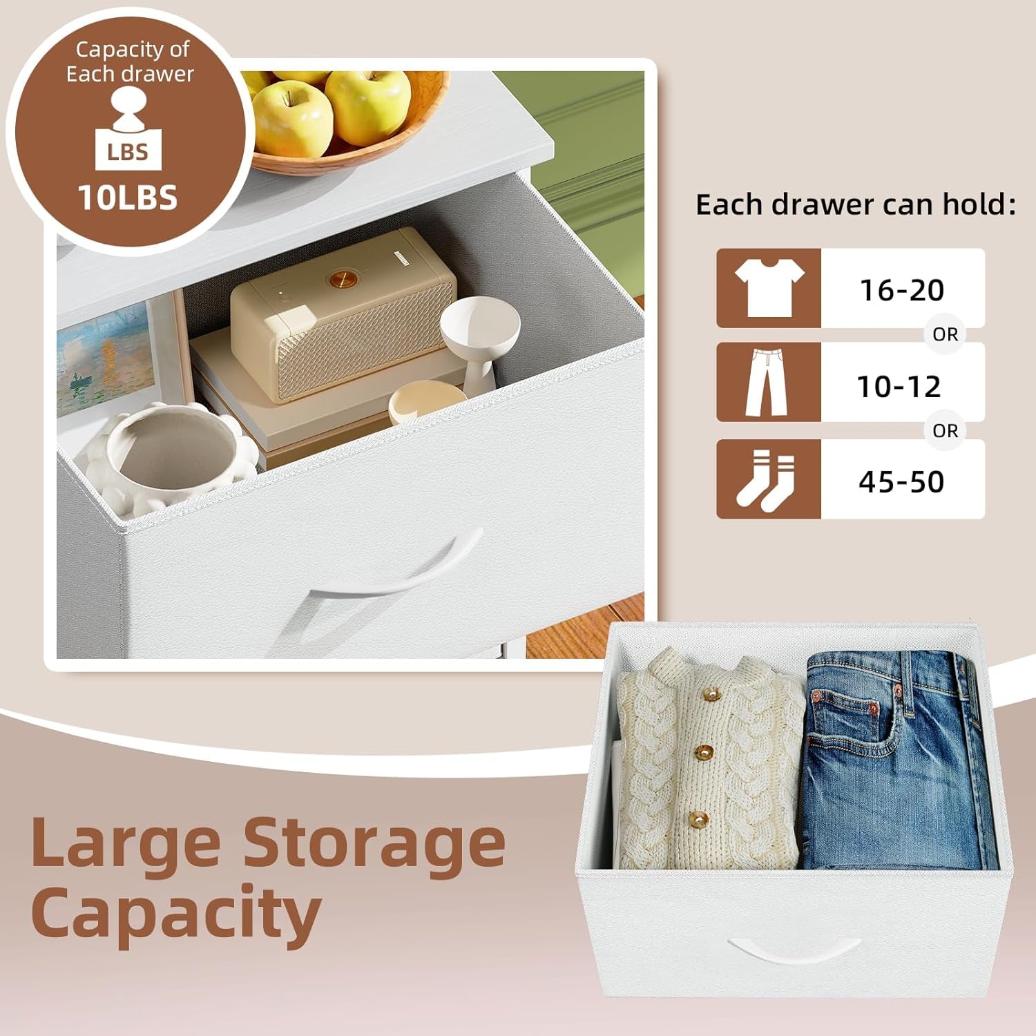 Tall Dresser for Bedroom with 5 Drawers, Storage Organizer Chest of Drawers with Removable Fabric Bins for Closet Bedside Nursery Laundry Living Room Entryway Hallway, White Leather