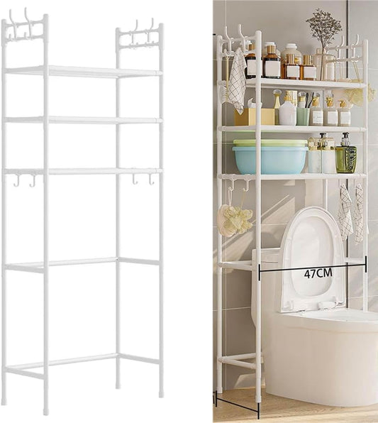 3-Tier over the Toilet Storage,Freestanding Metal Bathroom Shelves with 4 Hooks,Adjustable Shelf and Basket,Freestanding Space Saver Bathroom Shelves above Toilet for Room Black，White