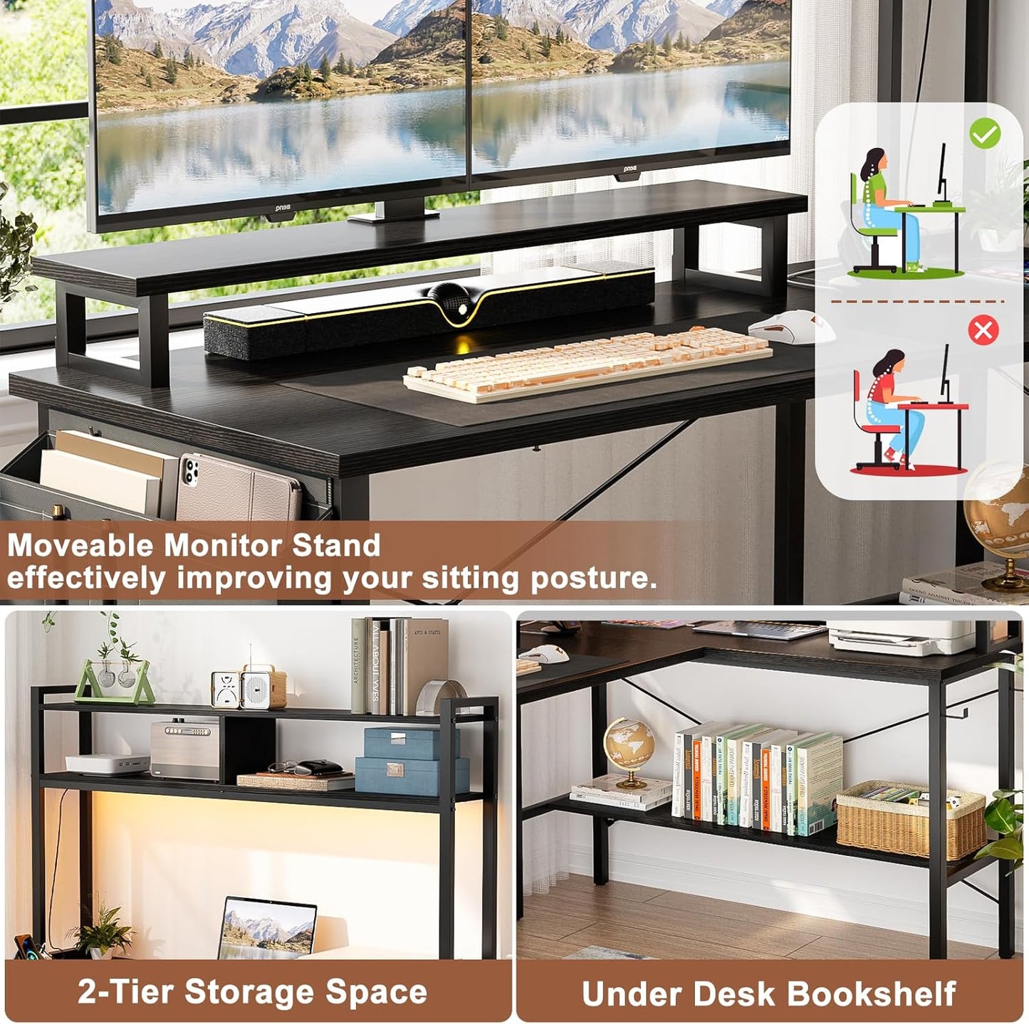 L Shaped Gaming Desk with Power Outlets & LED Lights, Small L- Shaped Desk Computer Corner Desk with Monitor Stand & Storage Shelf, Home Office Desk Writing Desk with Storage Bag, Black