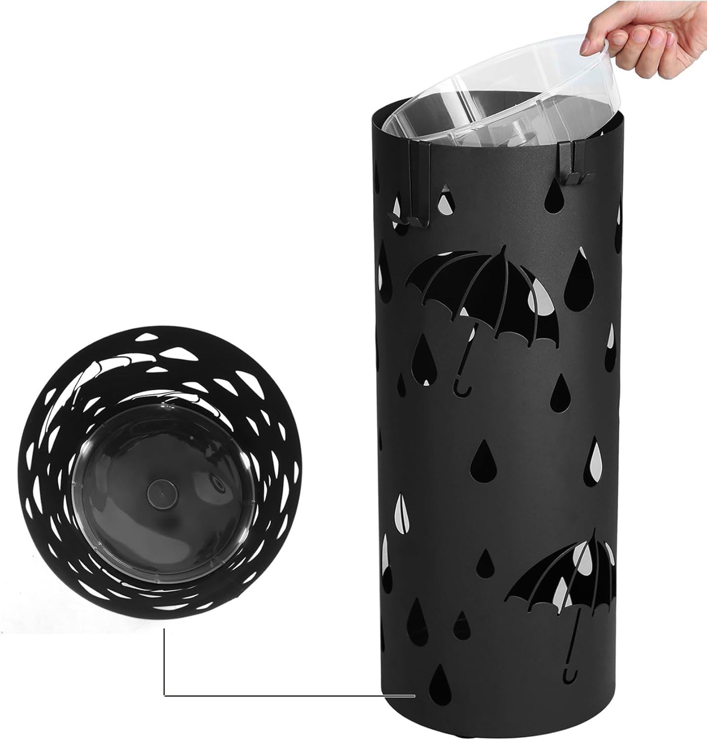 Umbrella Stand, Metal Umbrella Holder for Entryway, with Water Tray and 4 Hooks, 7.7 X 7.7 X 19.3 Inches, Round, Ink Black ULUC23B