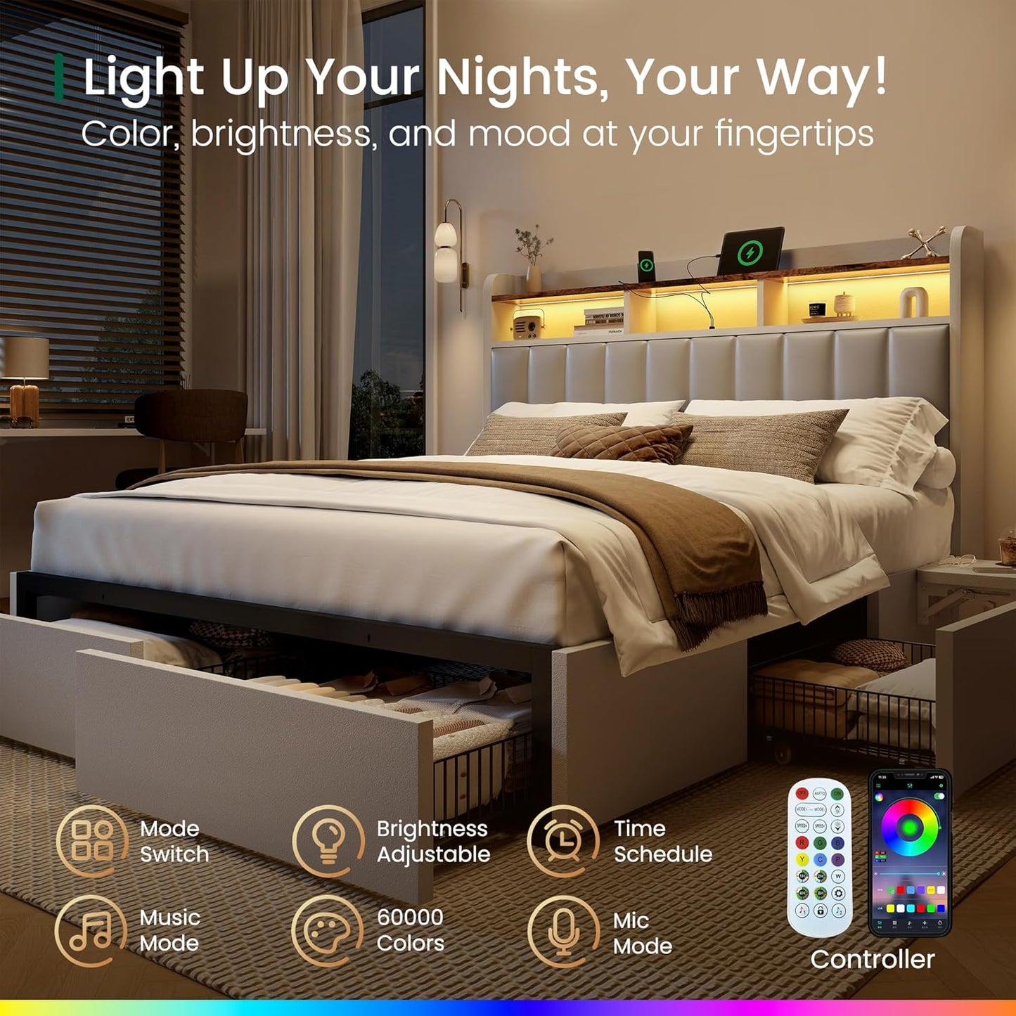 Queen Bed Frame with Headboard,4 Storage Drawers,And Built-In Adjustable Desk,Charging Station,Easy Assembly,No Box Spring Needed,Light Grey