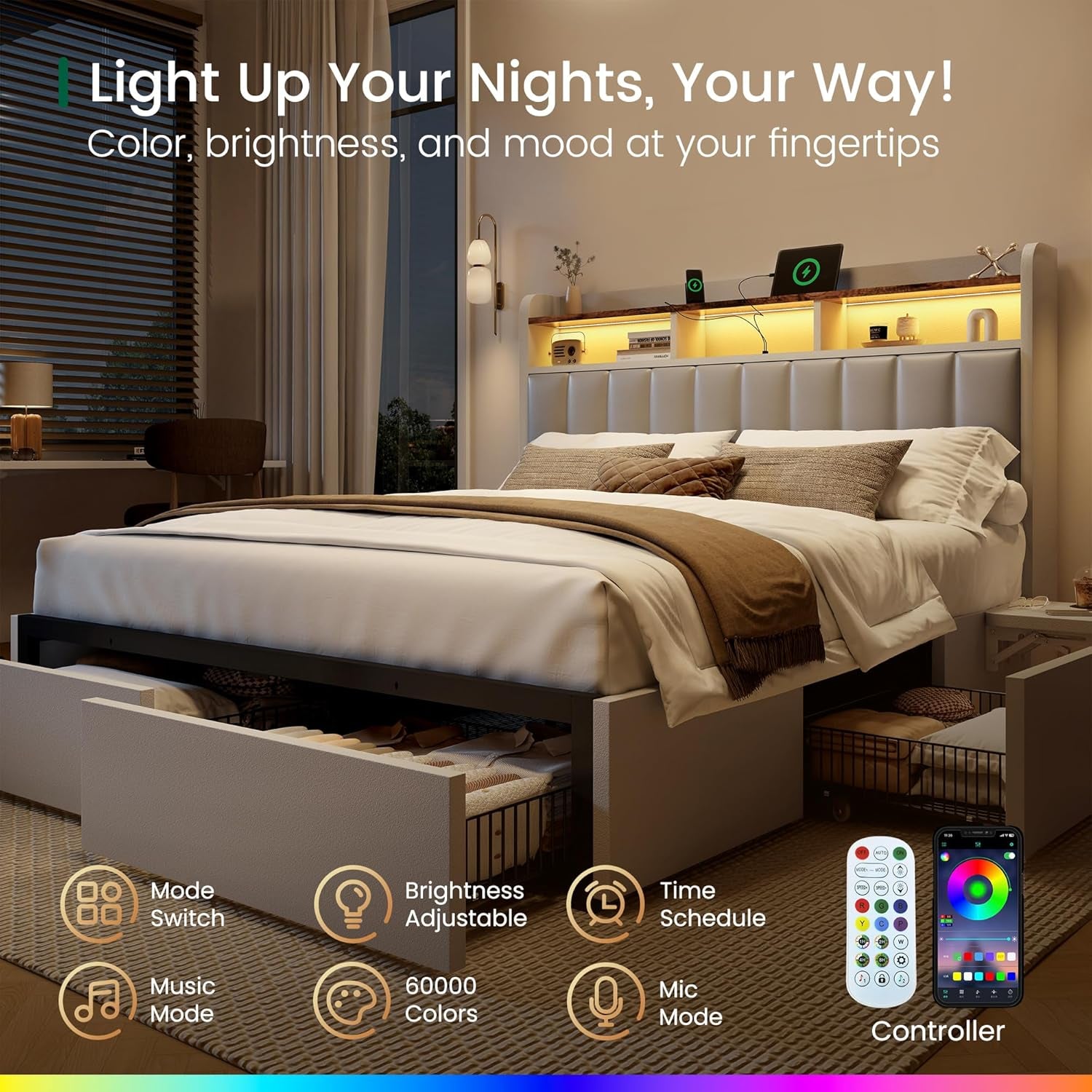 Queen Bed Frame with Headboard,4 Storage Drawers,And Built-In Adjustable Desk,Charging Station,Easy Assembly,No Box Spring Needed,Light Grey