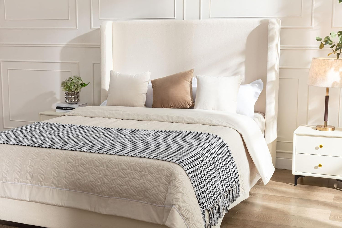 Tall Headboard Upholstered Bed,Queen Size Platform Bed Frame with Headboard Wingback,54" High No Box Spring Needed Easy Assembly Elegant Simplicity Ivory Boucle