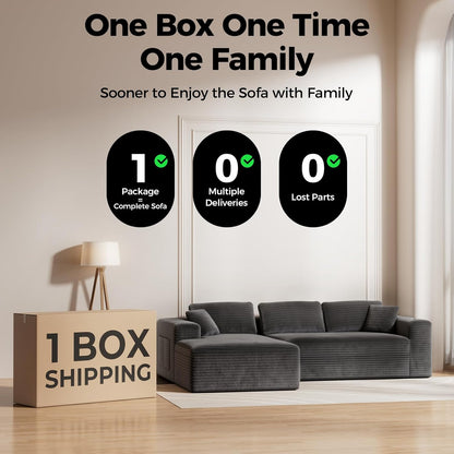 108” Cloud Sectional Couch, Modular Sectional Sofa with Deep Seat, Corduroy Boneless Couches with Chaise for Living Room Bedroom, 4 Storage Pockets& 1 Catch All Tray (Left Facing Chaise, Grey)