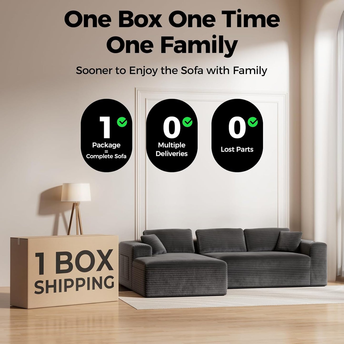 108” Cloud Sectional Couch in One Box, Compressed Modular Sectional Sofa with Deep Seat, Corduroy Boneless Couches, L-Shaped Sofa for Living Room, 4 Storage Pockets(Left Facing Chaise, Grey)