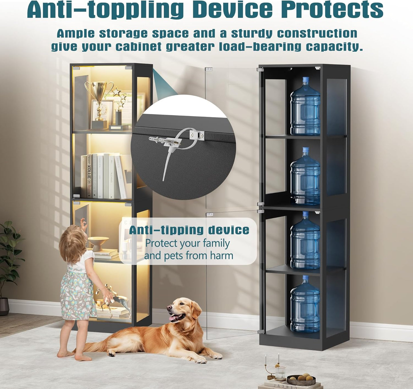 Glass Display Cabinet, 4-Tier Display Cases for Collectibles, Curio Cabinet with RGB Lights, Glass Bookcase Shelf Display Kids Toy Cabinets for Collectible, Living Room, Playroom (Black)