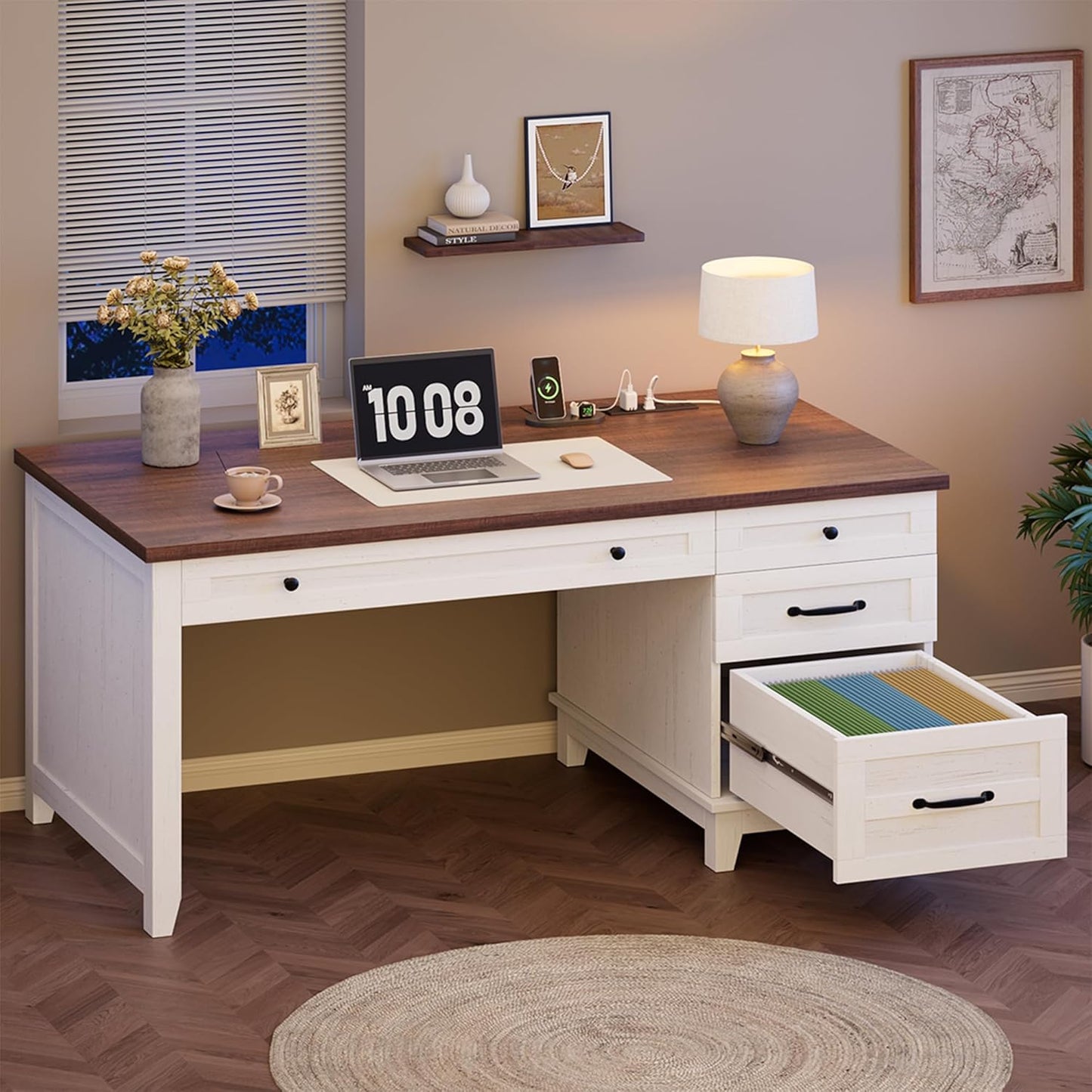 53.5" Wooden Home Office Desk with File Drawers, Executive Desk with Power Outlet, Farmhouse Wood Desk with Storage, Distressed Study and Work Table, Rustic White