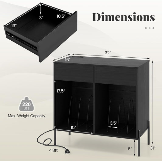 Large Record Player Stand with Charging Station, Mid Century Wood Turntable Stand with 2 Storage Drawers & Compartments, Vinyl Record Storage for Living Room (Black)