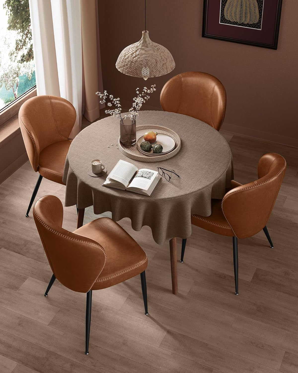 EKHO Collection - Dining Chairs Set of 2, Upholstered Kitchen Chairs, Comfortable Seat, Synthetic Leather with Stitching, Mid-Century Modern, Easy Assembly, Living Room Lounge, Caramel Brown