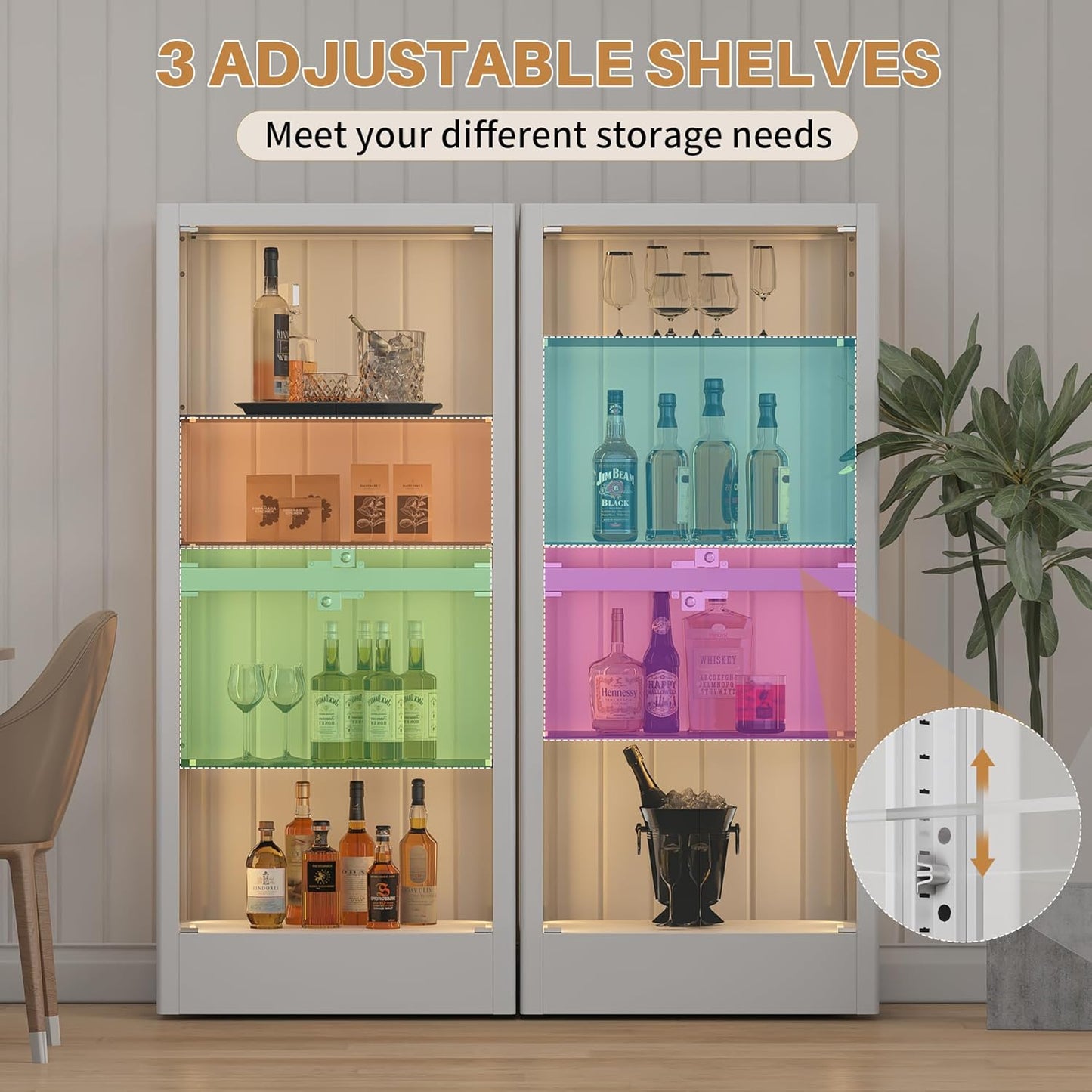 4-Sided Glass Display Cabinet with Lock & 13 Color Light, Lighted Curio Cabinet with Glass Door & Adjustable Shelves, Metal Display Case for Collectibles Figures Wine China, 28" W White