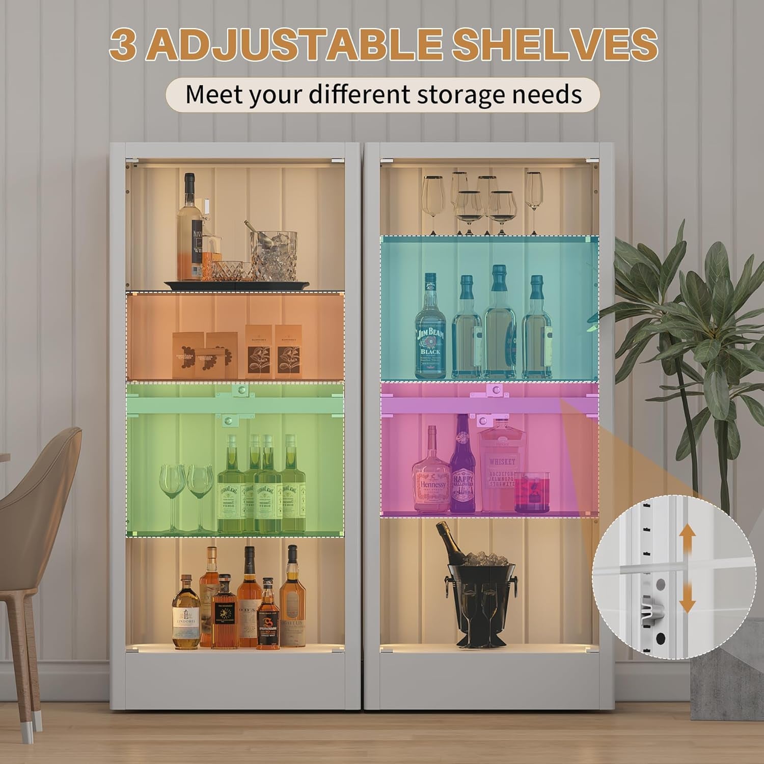 4-Sided Glass Display Cabinet with Lock & 13 Color Light, Lighted Curio Cabinet with Glass Door & Adjustable Shelves, Metal Display Case for Collectibles Figures Wine China, 28" W White