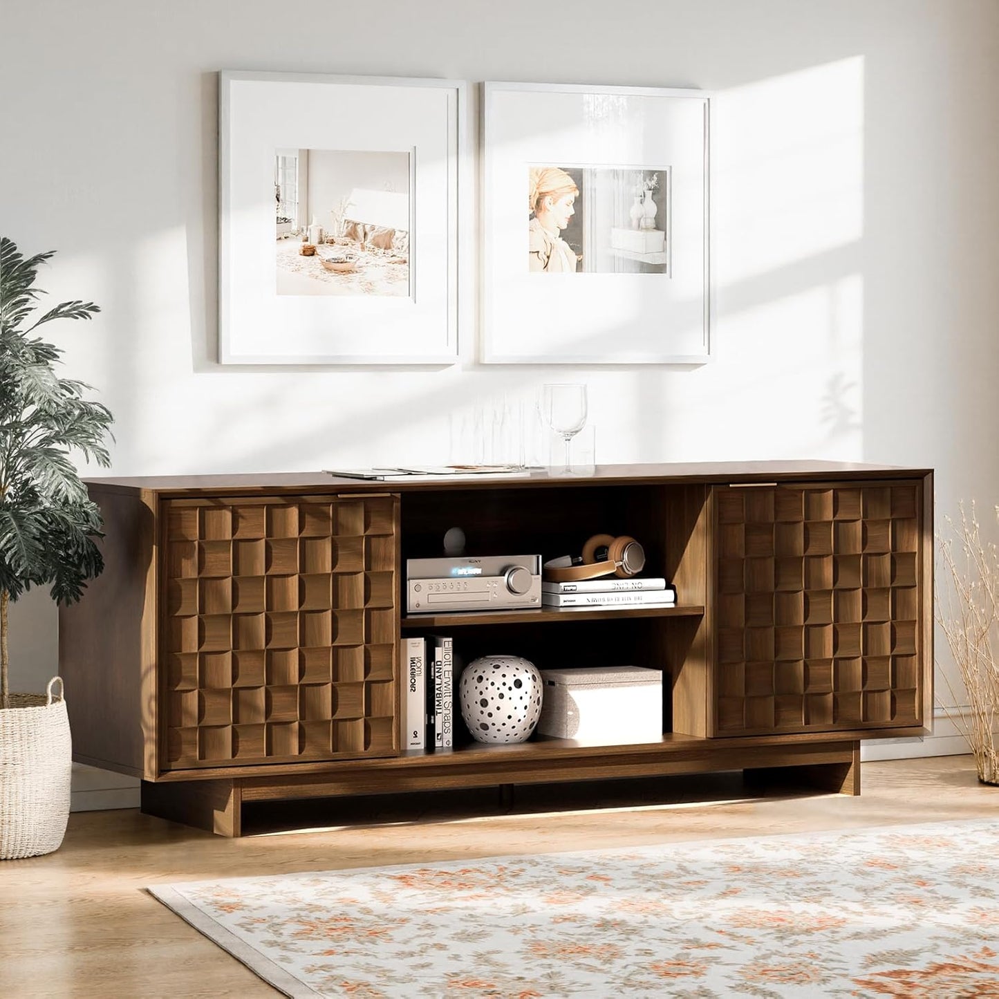 TV Stand with Two Doors, Entertainment Center 59" with Adjustable Shelves and Storage, Mid-Century Modern TV Stand for 50/55/65 Inch TV, Media Console Cabinet for Living Room, Bedroom Walnut