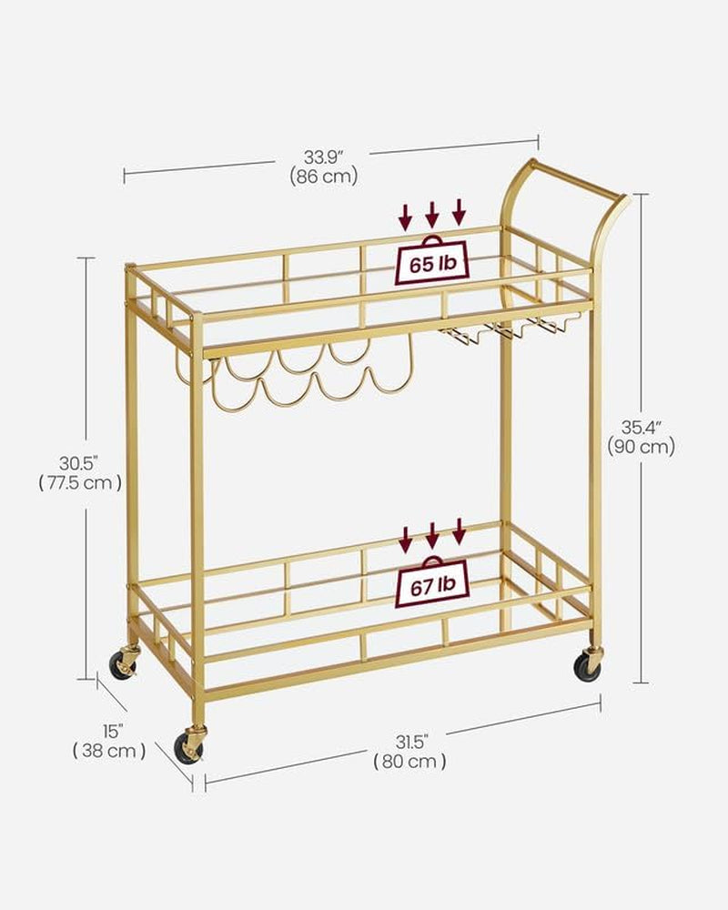 Bar Cart Gold, Home Bar Serving Cart, Wine Cart with 2 Mirrored Shelves, Wine Holders, Glass Holders, for Kitchen, Dining Room, Gold ULRC090A03
